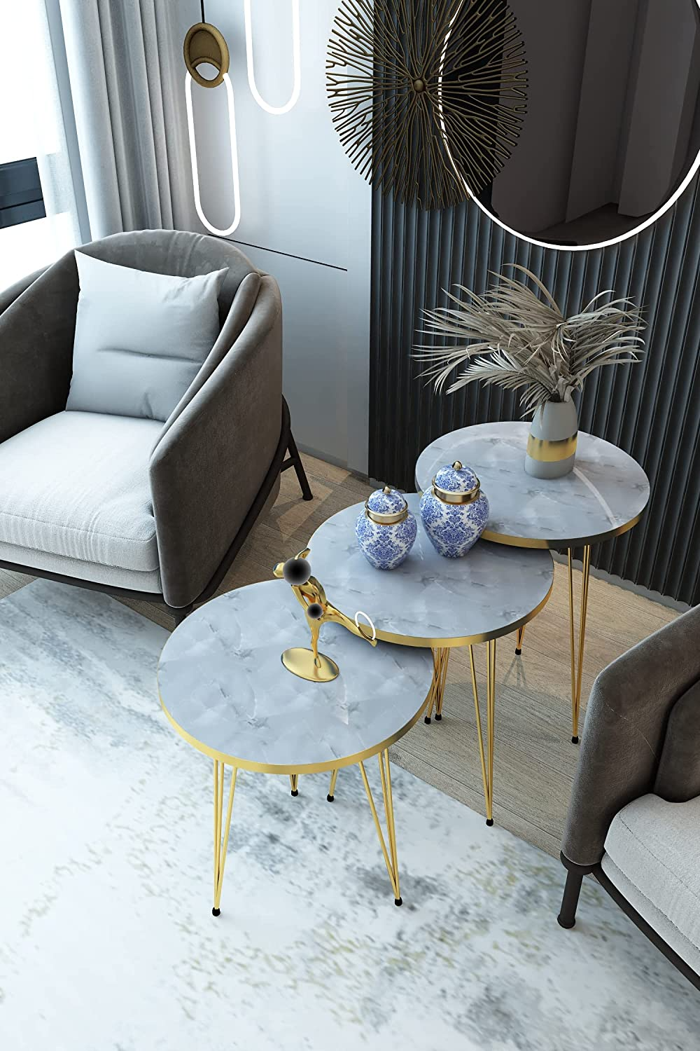 1 Pcs / Set of 3 Round Coffee Table HIGH Gloss Nesting End Tables - Round Wood Stacking Coffee Side Accent Tables with Metal Legs for Living Room, Home Office